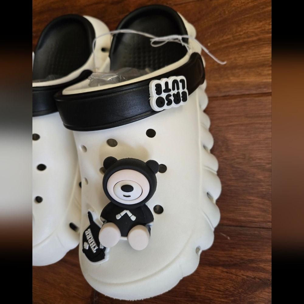 Adult Sizes 8 White and Black Clogs with Bear Charm. Super Comfortable